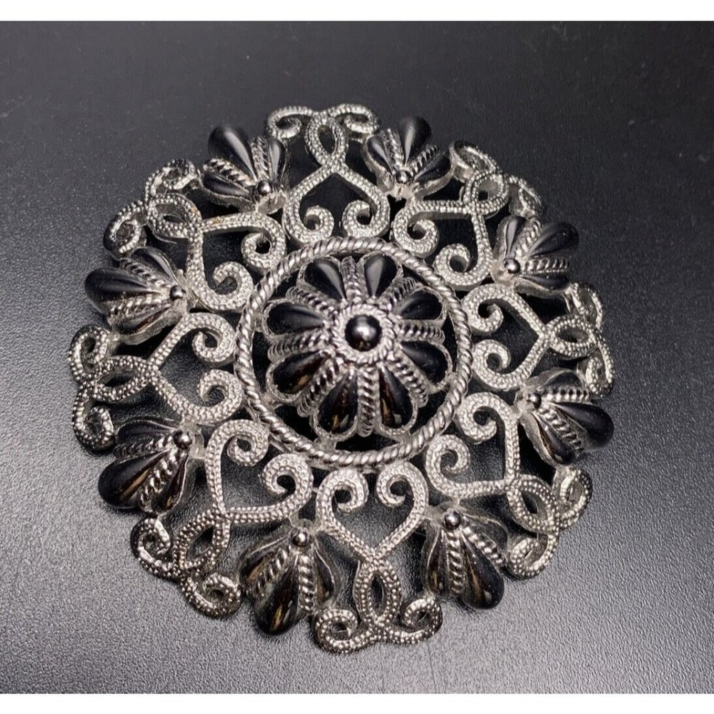 Crown Trifari Domed Brooch Pin Vintage Silver Tone Open Work Round Swirl Signed